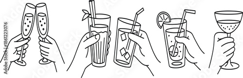 Hands holding drinks toast doodle vector set, champagne glasses, cocktails, and fresh juice for party celebration event design