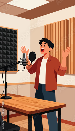 Animated person speaking into a microphone in a soundproof recording studio