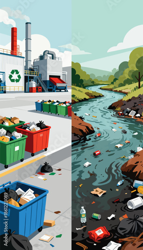 Juxtaposition of industrial waste processing with a polluted river and nature