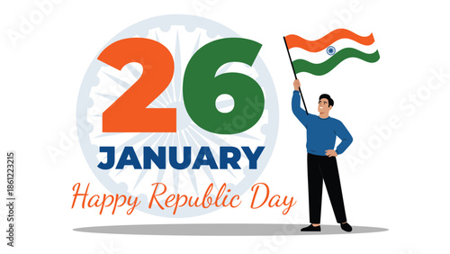 26 January Indian Republic Day celebration illustration with young man holding tricolor flag patriotic greeting design for national pride banner poster and vector artwork
