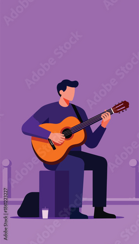 A man plays his acoustic guitar on a purple background