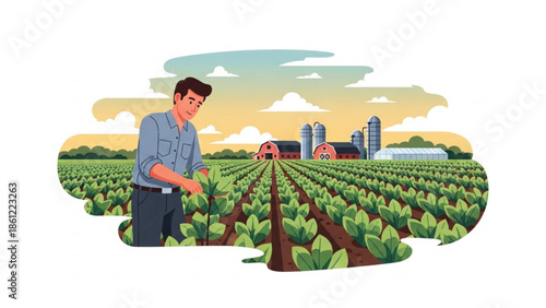 Male farmer inspecting lush green crops in a vast field, with traditional farm buildings in the background, symbolizing agriculture.