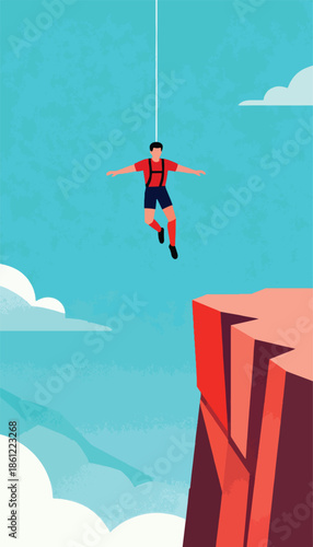 Person suspended by rope above cliff edge mid-air with clouds below