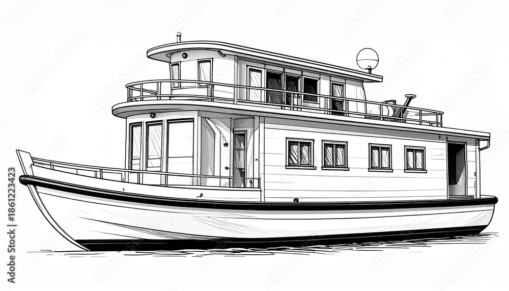 Obraz premium Detailed Line Art Illustration of a Two-Story Houseboat.