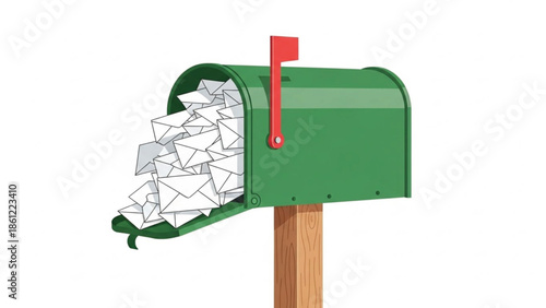 Green mailbox overflowing with a massive volume of white envelopes, symbolizing excessive mail or active correspondence.