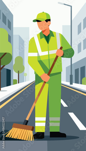 Sanitation worker in bright uniform sweeping a city street with buildings and trees