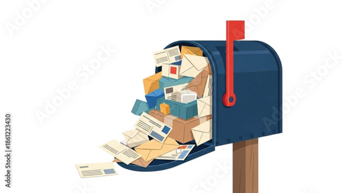 Blue mailbox overflowing with a large variety of letters and packages, indicating a high volume of mail or junk mail.