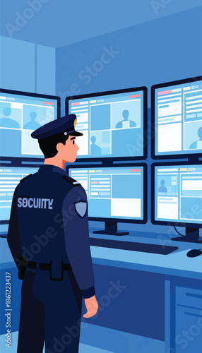 A person in a dark uniform with "SECURITY" on the back monitors multiple screens