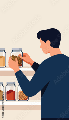 Person selects jar of seeds from shelf lined with storage containers