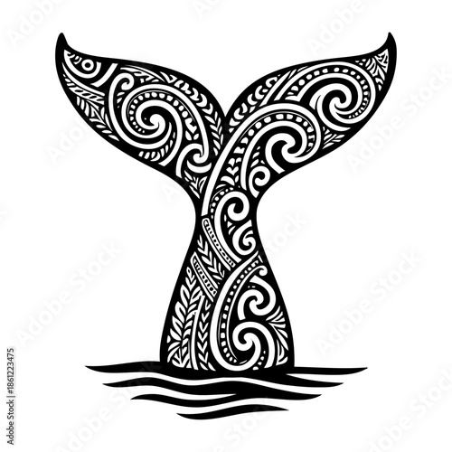 Silueta de cola de ballena con decoración de tatuajes tribales maoríes con olas de mar 