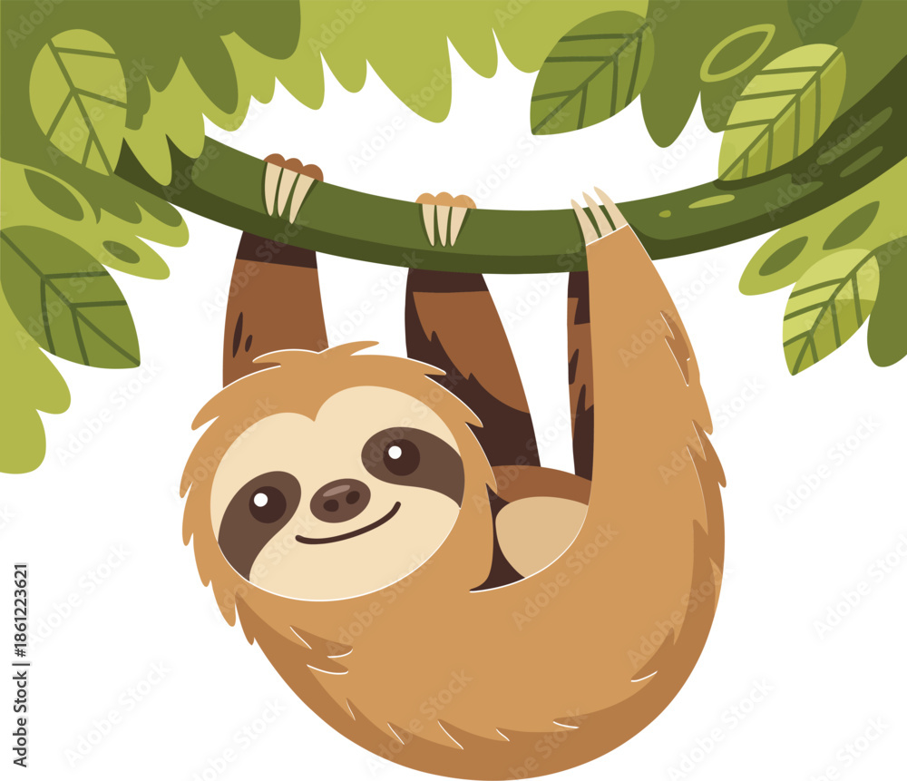Fototapeta premium Adorable Cartoon Sloth Hanging from Tree Branch Vector Graphic Illustration for Kids' Content and Wildlife Themes