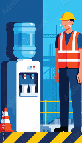 Thirsty construction worker sweats near water cooler on a hot day