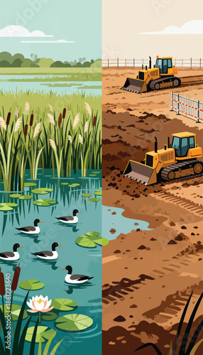 A serene pond with ducks contrasts with a construction site with bulldozers