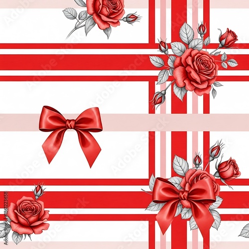 Elegant Seamless Pattern Featuring Vibrant Red Roses and Luxurious Satin Bows on a Festive Striped Background