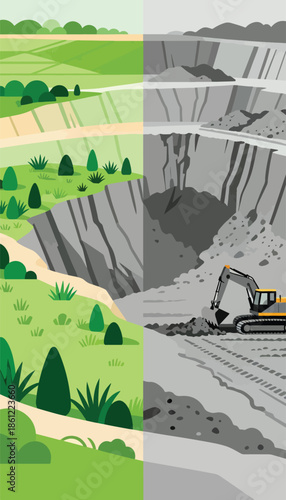 Verdant landscape juxtaposed with industrial quarry excavation