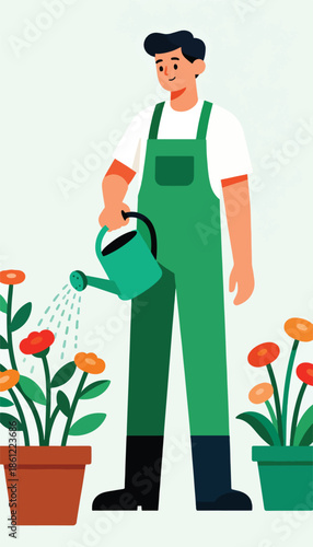 Person in green overalls watering colorful potted flowers