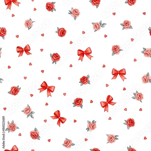 Elegant Floral Bow Pattern A Seamless Design with Delicate Red and Pink Roses, Charming Ribbons, and Hearts on White Background for Romantic Celebrations