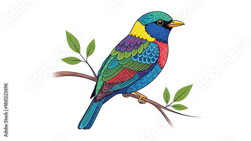 Exquisite illustration of a brightly colored exotic bird with blue, green, yellow, and red feathers perched on a leafy branch.