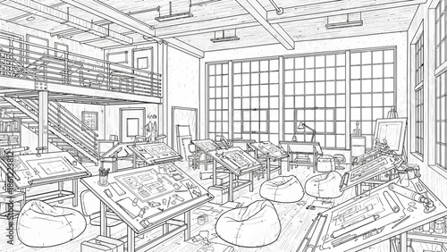 Industrial office space with modern furniture and large windows viewed from an elevated perspective