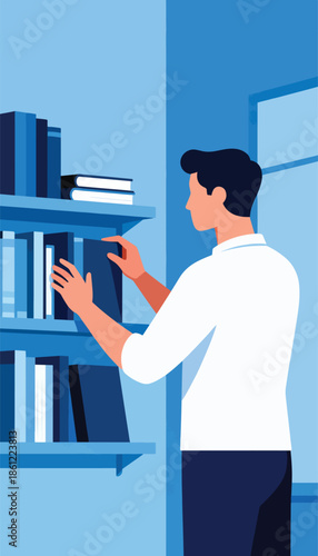 Man in white shirt selects a book from a shelf full of books