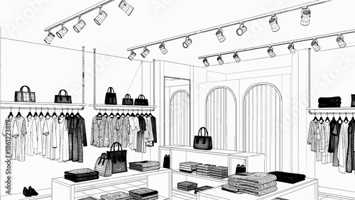 Interior Design of a Modern Retail Store with Clothing and Accessories Displayed on Shelves and Racks under Bright Lighting