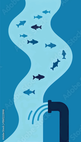 Fish swim in a winding river, with water flowing from a dark pipe