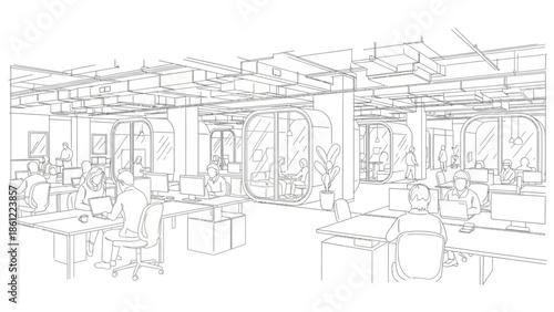 A large commercial space with offices and workstations viewed from above