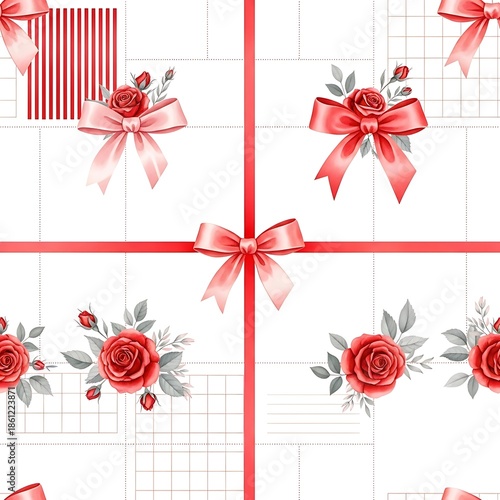 Seamless romantic pattern featuring vibrant red roses and elegant satin ribbons tied in festive bows, perfect for celebrations and gift wrapping