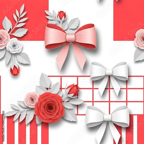 Beautiful Red And White Pattern With Roses And Bows