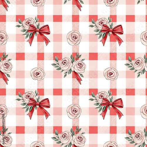 Seamless pattern of red bows and pink roses on a white and red checkered background
