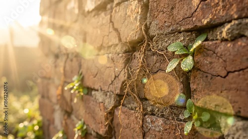 Roots Grow on an Old Weathered Brick Wall Under Sunlight