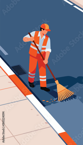 Worker in orange uniform sweeping debris from a street next to a sidewalk
