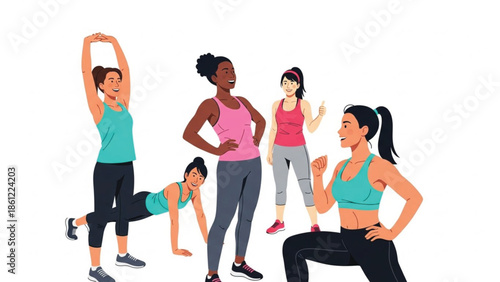 Dynamic illustration of five diverse women in activewear stretching, doing lunges, and planking together in a fitness session.