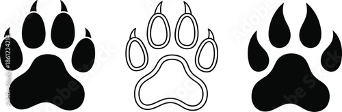 Animal Paw Print Variations, Stylized Tracks, Black and White Claw Marks, Pet Symbol Icons, Wildlife Footprints, Minimalist Nature Design Set