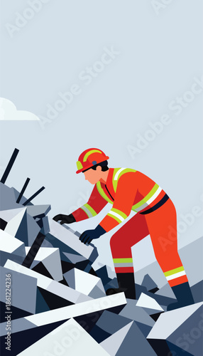 Rescuer in orange suit sifting through rubble with a tool