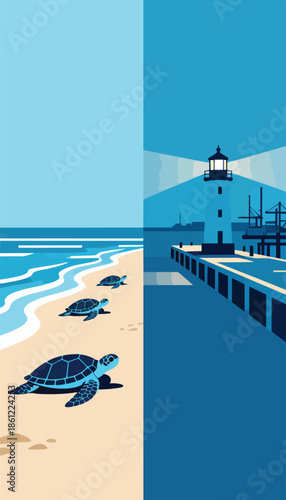 Sea turtles crawl ashore toward a glowing lighthouse and harbor at dusk