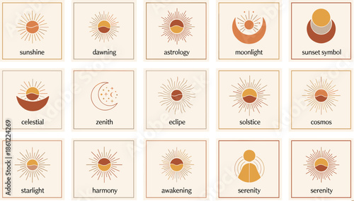 Celestial Symbol Icons, Sun Moon Stars, Spiritual Abstract Motifs, Warm Earth Tones, Cosmic Grid, Zodiac Design, Harmony and Awakening
