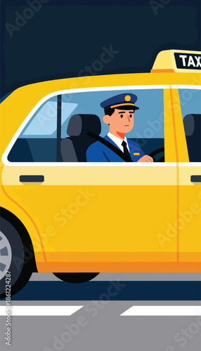A driver in a blue uniform with a cap steers a yellow car with a taxi light