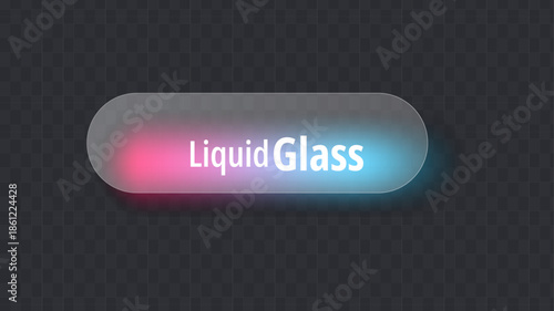 Modern frosted glass UI button with pink and blue glowing liquid light. Glassmorphism style web element with "Liquid Glass" typography on a dark textured background for creative interface design.