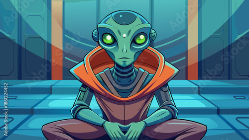 A thoughtful humanized alien sitting calmly, wearing simple futuristic clothing, expressive eyes reflecting curiosity, blending extraterrestrial anatomy with familiar human emotions in a minimalist ve