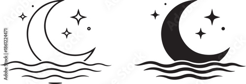 Crescent moon and stars over the water isolated on white background, Vector, illustration