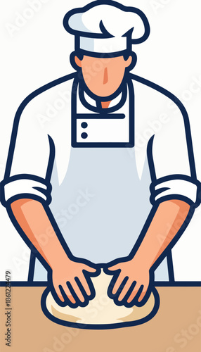 Chef kneading dough, wearing toque and apron