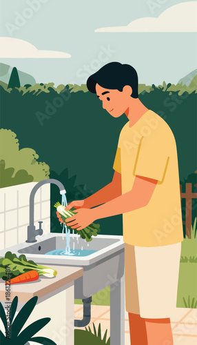 Person washing fresh greens in outdoor sink amidst garden greenery