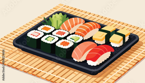 Assortment of colorful sushi and rolls arranged on a black platter atop a bamboo mat