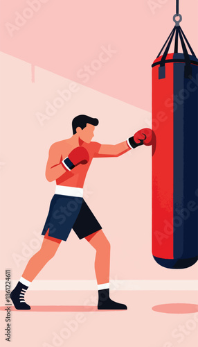 A bare-chested fighter trains with a hanging punching bag