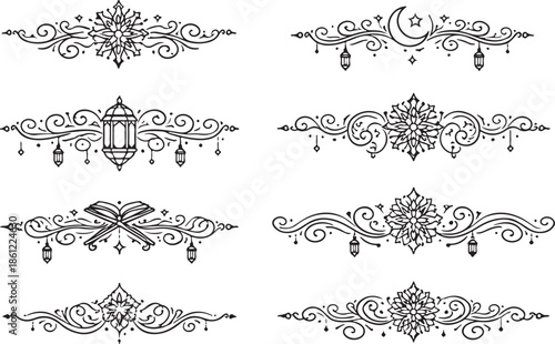 Beautiful eid mubarak ornaments and decorative elements isolated on white background, Vector, illustration