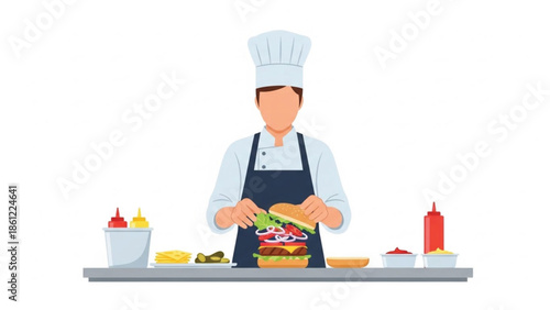 Skilled illustration of a male chef in a hat and apron meticulously assembling a towering, delicious hamburger in a kitchen setting.