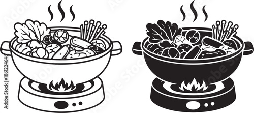 Cooking vegetables in a pan on stove isolated on white background, Vector, illustration