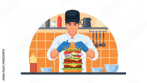 Expert illustration of a male chef in gloves and a hat carefully building an enormous, multi-layered burger in a kitchen.