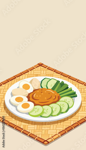 A plate of sliced boiled eggs, cucumber, and a savory dip on a woven mat